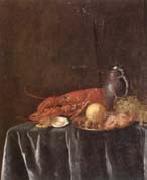 Still life of a lemon,hazelnuts and a crab on a pewter dish,together with a lobster,oysters two wine-glasses,green grapes and a stoneware flagon,all u